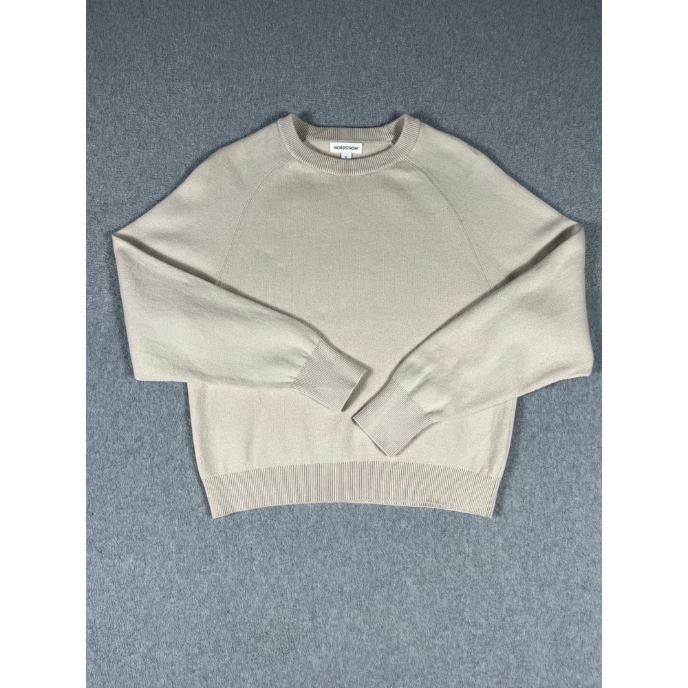 Nordstrom Womens‎ Cotton Cashmere Raglan Crewneck Sweater Beige Small RN58665